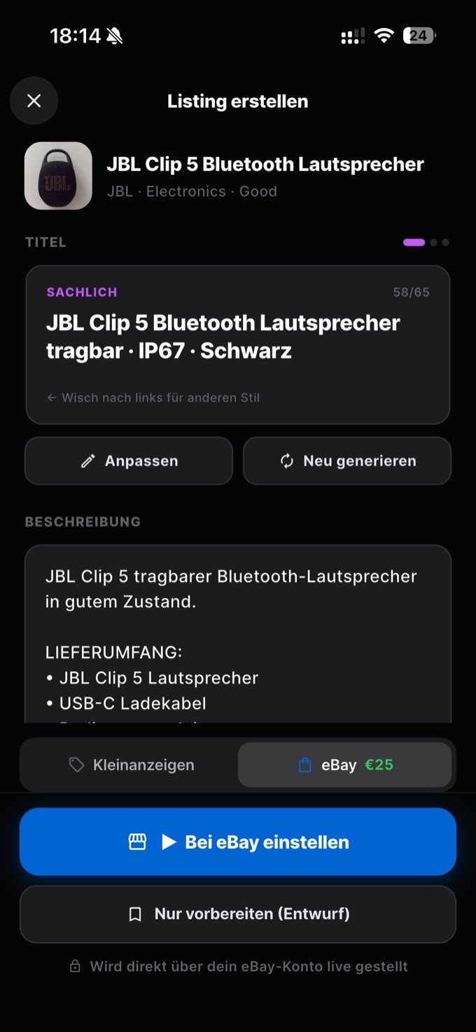 Der Magic-Listing-Bildschirm in der Rescalu-App: Rescalu hat für einen JBL Clip 5 Bluetooth-Lautsprecher automatisch Titel, Beschreibung und Lieferumfang geschrieben, schlägt 25 Euro bei eBay vor und bietet den Knopf „Bei eBay einstellen“ an.
